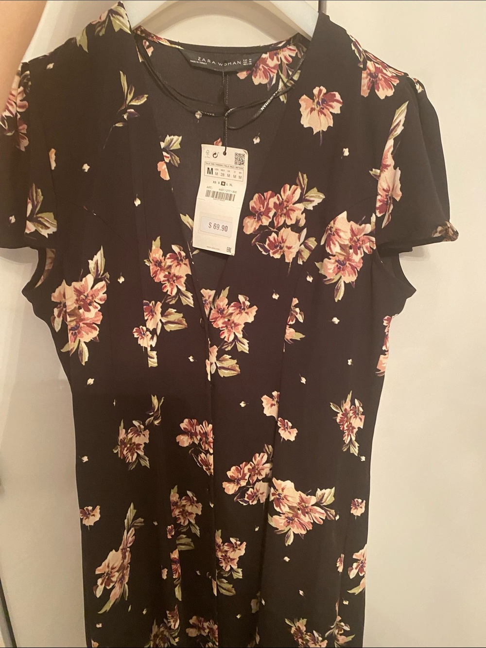 Zara Black Floral Maxi Dress with Pink Blossoms size M - Picture 4 of 5